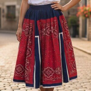 Vintage 40s 50s Western Prairie Full/Circle Pleat Skirt Red Blue XS #92G